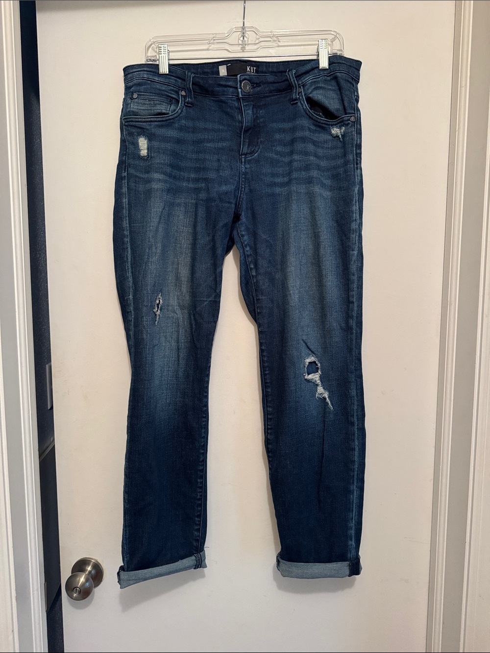 Kut from the Kloth Medium-Dark Blue Distressed Boyfriend Jeans